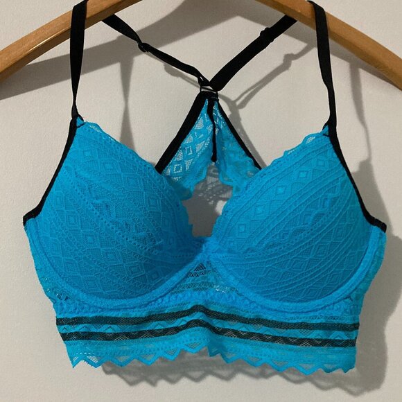 Victoria Secret Womens M PINK Underwire Bra Racerback No PushUp Blue Lace - Picture 1 of 5